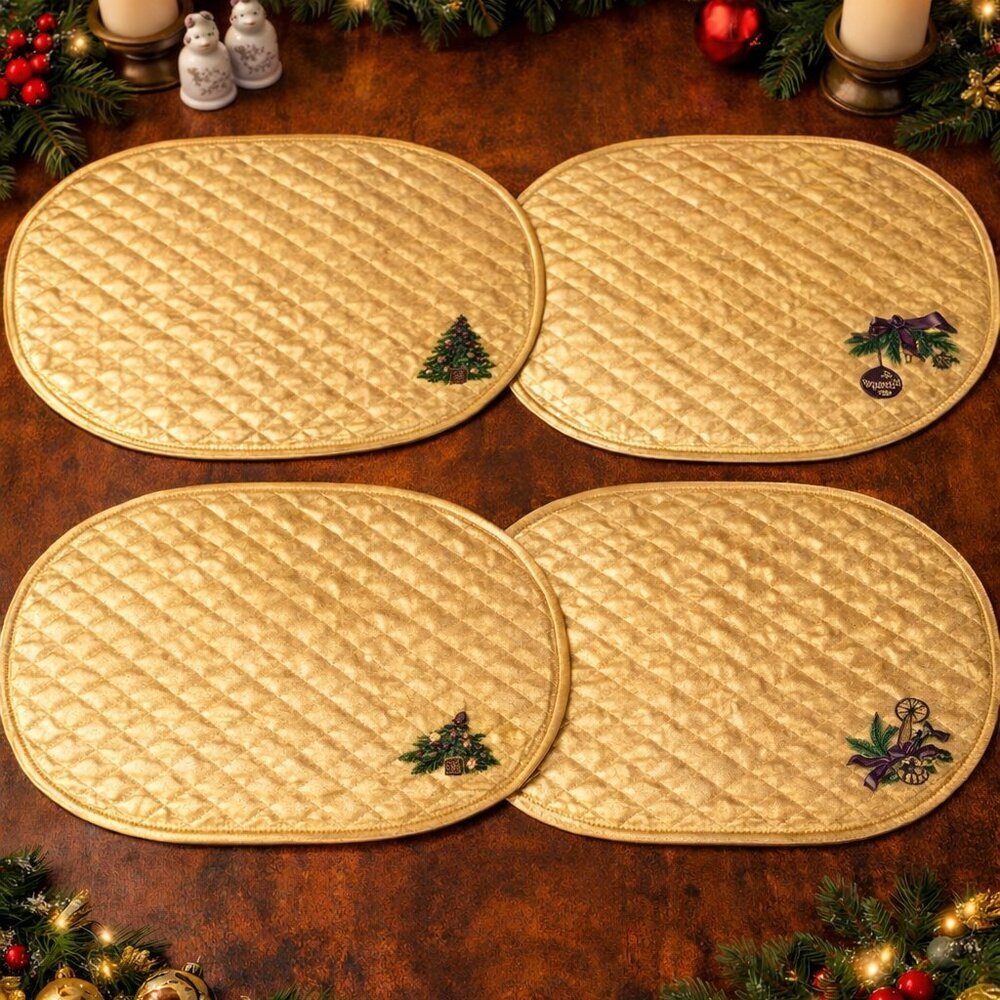 VINTAGE Quilted Embroidered Placemats Set of Four | Purple, Green | Gold w Trim